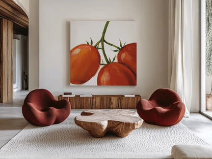 Tasty on White by Lisa Audit. Shown as extra-large giant wall art in a modern living room. Available as an archival giclee rolled canvas, fine art paper, or poster print. SKU 68123a.