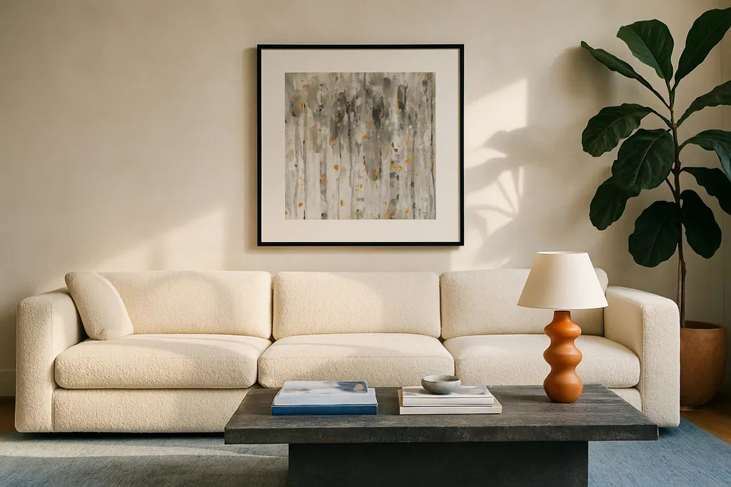 The Autumn Blaze Forest II by Lisa Audit. Displayed in a glass frame with matte in a clean modern living room. Available as an archival giclee rolled canvas, fine art paper, or poster print. SKU 78320a.