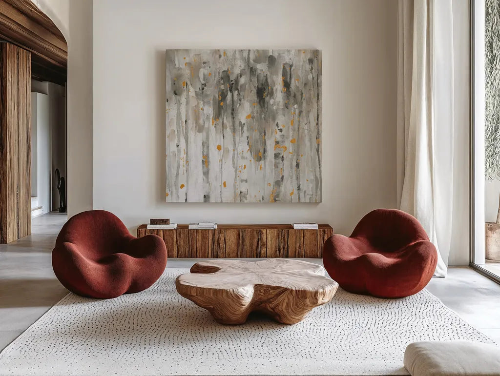 The Autumn Blaze Forest II by Lisa Audit. Shown as extra-large giant wall art in a modern living room. Available as an archival giclee rolled canvas, fine art paper, or poster print. SKU 78320a.