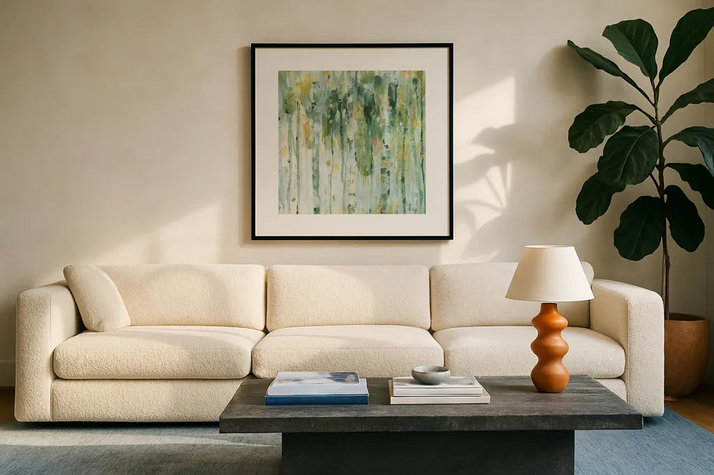The Forest II by Lisa Audit. Displayed in a glass frame with matte in a clean modern living room. Available as an archival giclee rolled canvas, fine art paper, or poster print. SKU 28756a.