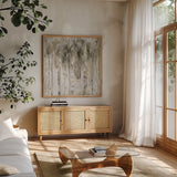 The Forest II Neutral by Lisa Audit. Shown in a natural wood frame in a cozy modern living room. Available as an archival giclee rolled canvas, fine art paper, or poster print. SKU 41340a.