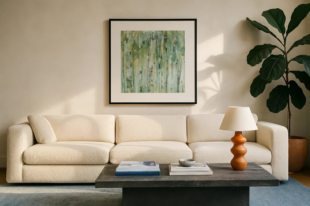 The Forest III by Lisa Audit. Displayed in a glass frame with matte in a clean modern living room. Available as an archival giclee rolled canvas, fine art paper, or poster print. SKU 28757a.