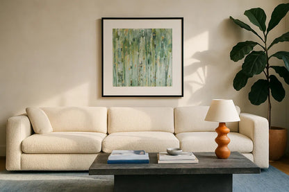 The Forest III by Lisa Audit. Displayed in a glass frame with matte in a clean modern living room. Available as an archival giclee rolled canvas, fine art paper, or poster print. SKU 28757a.