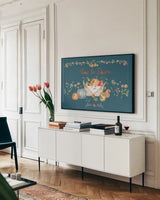 Time to Share I Blue by Lisa Audit. shown as a framed stretched canvas in a living room above a console. Available as a archival giclee rolled canvas, fine art paper, or poster print. SKU 53997i.