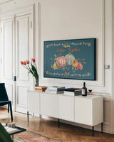 Time to Share II Blue by Lisa Audit. shown as a framed stretched canvas in a living room above a console. Available as a archival giclee rolled canvas, fine art paper, or poster print. SKU 53998i.