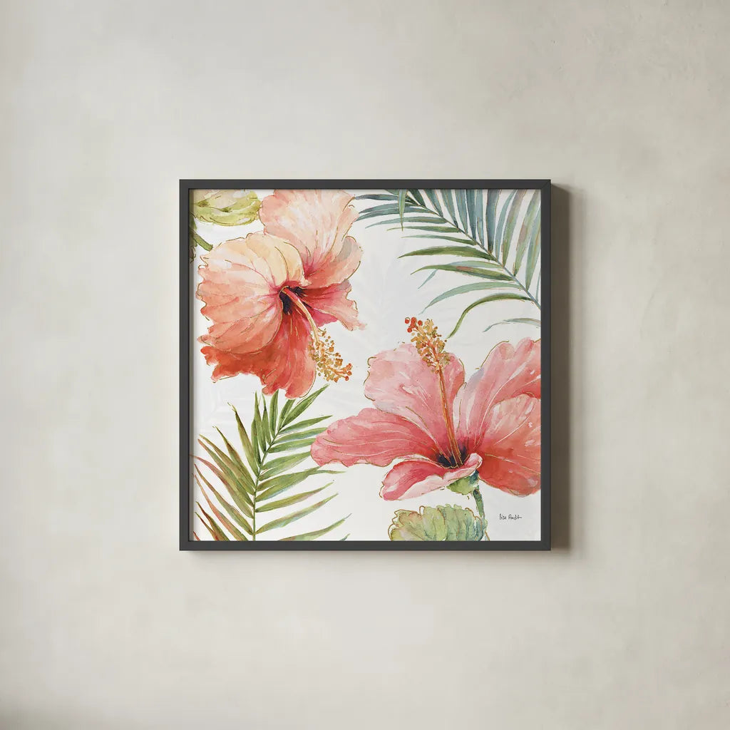 Tropical Blush II by Lisa Audit. Shown in a sleek black glass frame for a contemporary gallery look. Available as an archival giclee rolled canvas, fine art paper, or poster print. SKU 29007a.