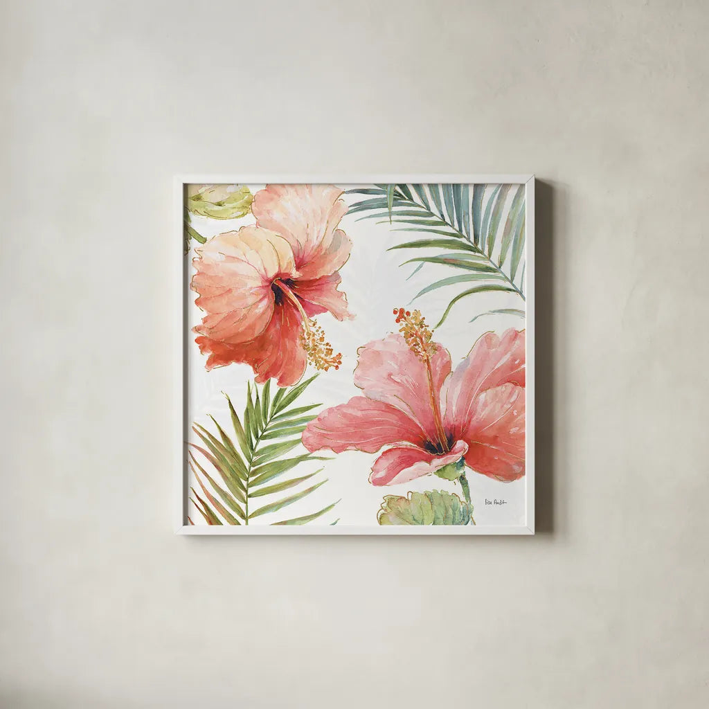 Tropical Blush II by Lisa Audit. Shown in a crisp white glass frame for a clean and minimalist style. Available as an archival giclee rolled canvas, fine art paper, or poster print. SKU 29007a.