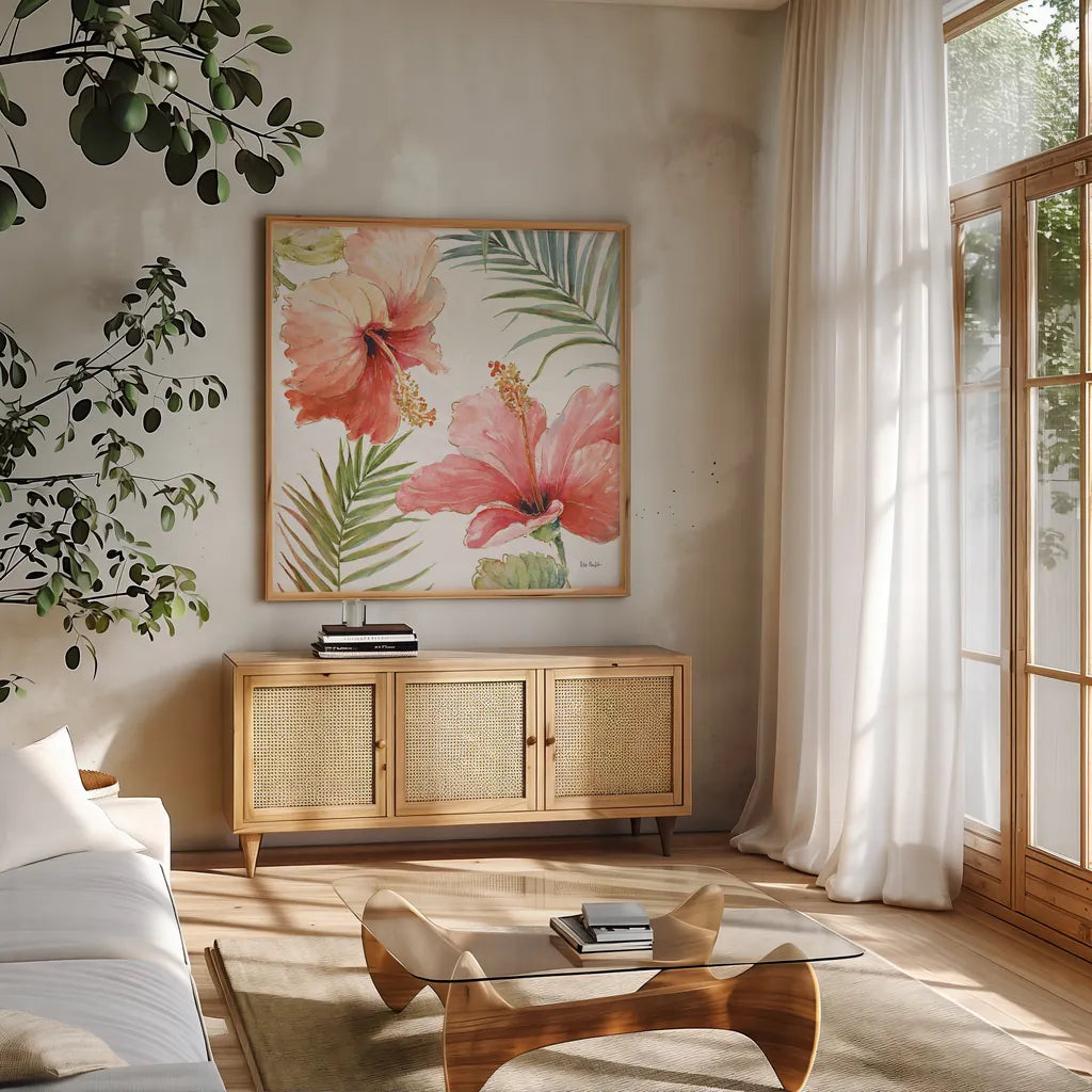 Tropical Blush II by Lisa Audit. Shown in a natural wood frame in a cozy modern living room. Available as an archival giclee rolled canvas, fine art paper, or poster print. SKU 29007a.
