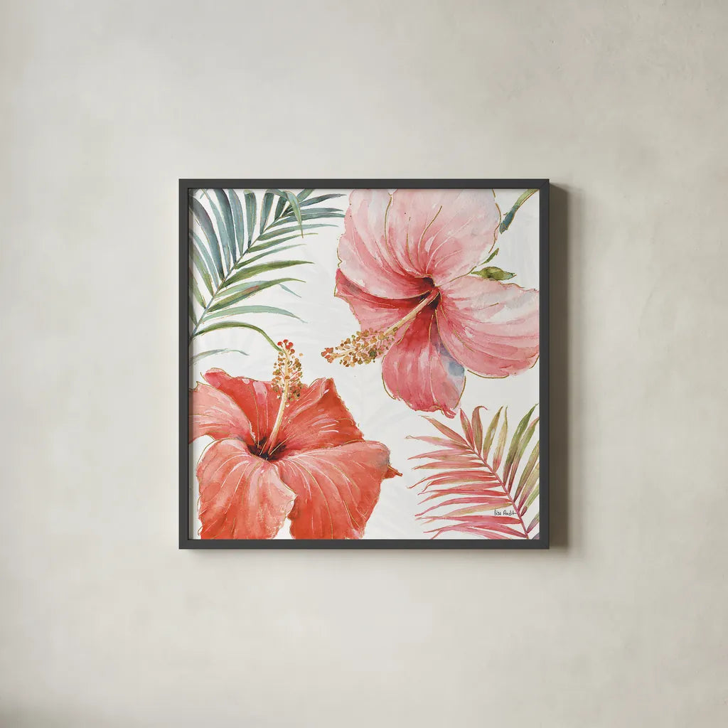 Tropical Blush III by Lisa Audit. Shown in a sleek black glass frame for a contemporary gallery look. Available as an archival giclee rolled canvas, fine art paper, or poster print. SKU 29008a.