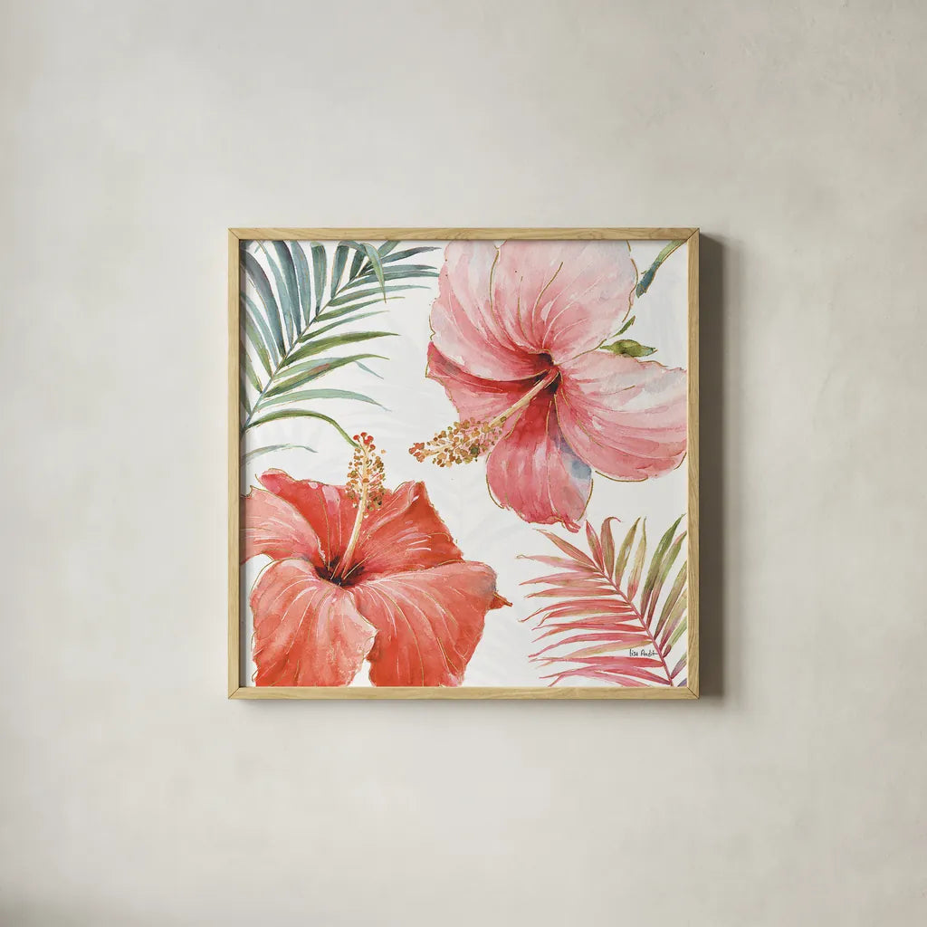 Tropical Blush III by Lisa Audit. Shown in a natural wood glass frame for a timeless modern aesthetic. Available as an archival giclee rolled canvas, fine art paper, or poster print. SKU 29008a.