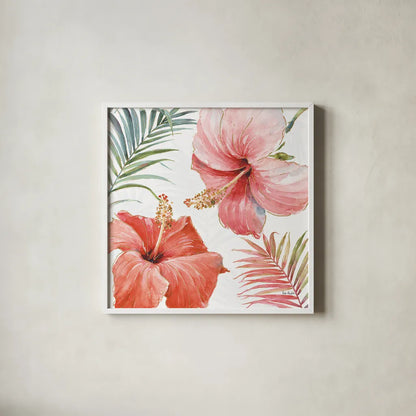 Tropical Blush III by Lisa Audit. Shown in a crisp white glass frame for a clean and minimalist style. Available as an archival giclee rolled canvas, fine art paper, or poster print. SKU 29008a.