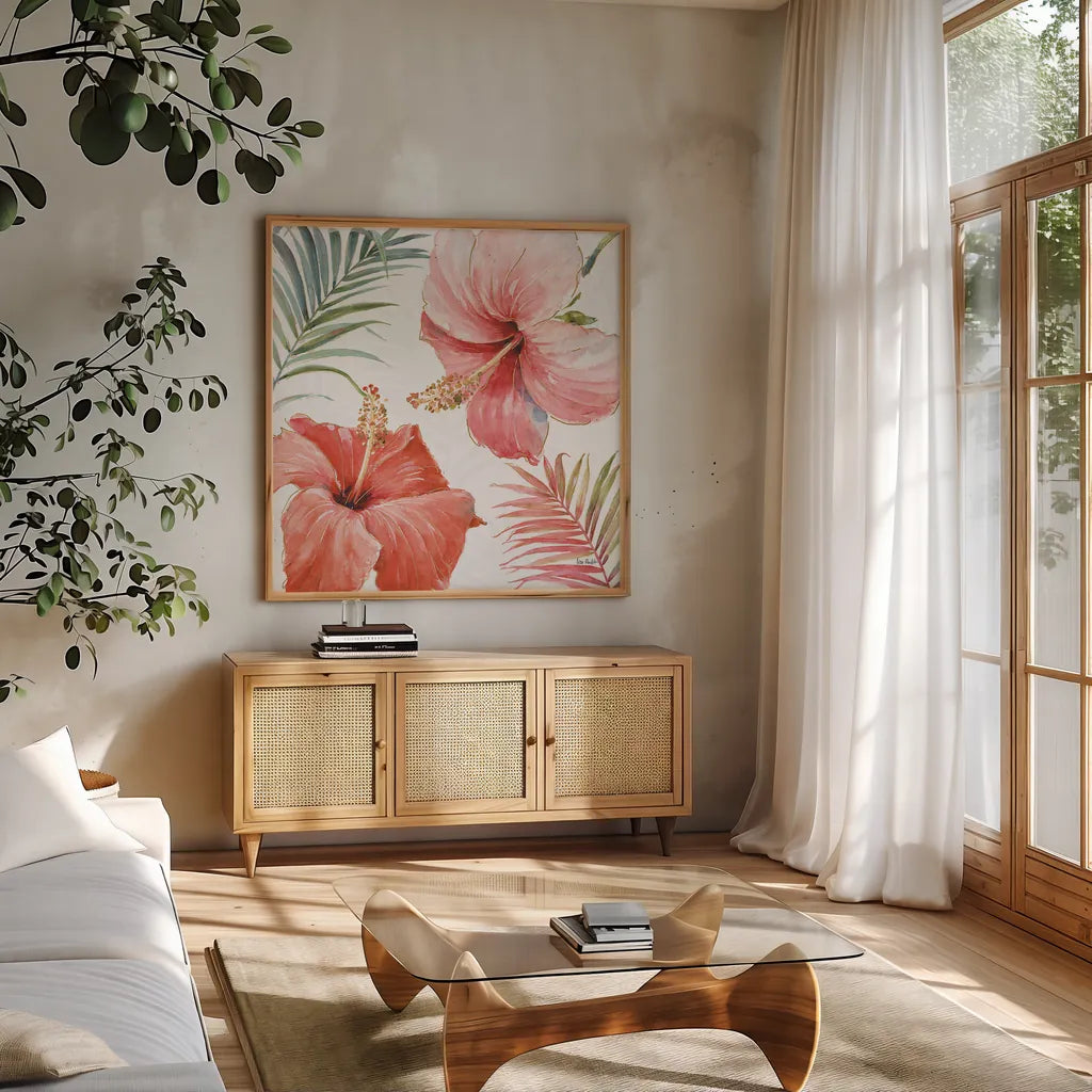 Tropical Blush III by Lisa Audit. Shown in a natural wood frame in a cozy modern living room. Available as an archival giclee rolled canvas, fine art paper, or poster print. SKU 29008a.