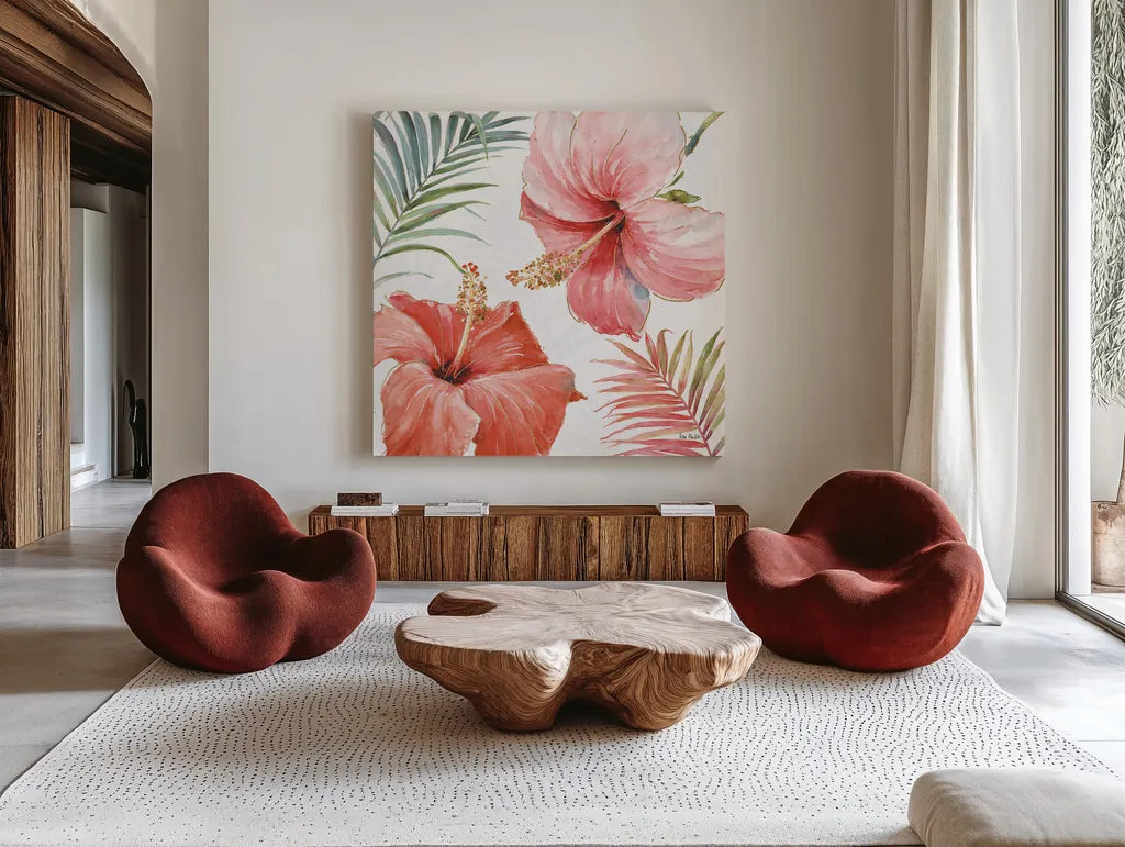 Tropical Blush III by Lisa Audit. Shown as extra-large giant wall art in a modern living room. Available as an archival giclee rolled canvas, fine art paper, or poster print. SKU 29008a.