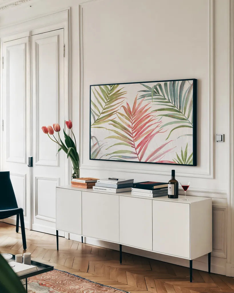 Tropical Blush IV by Lisa Audit. shown as a framed stretched canvas in a living room above a console. Available as a archival giclee rolled canvas, fine art paper, or poster print. SKU 29009i.