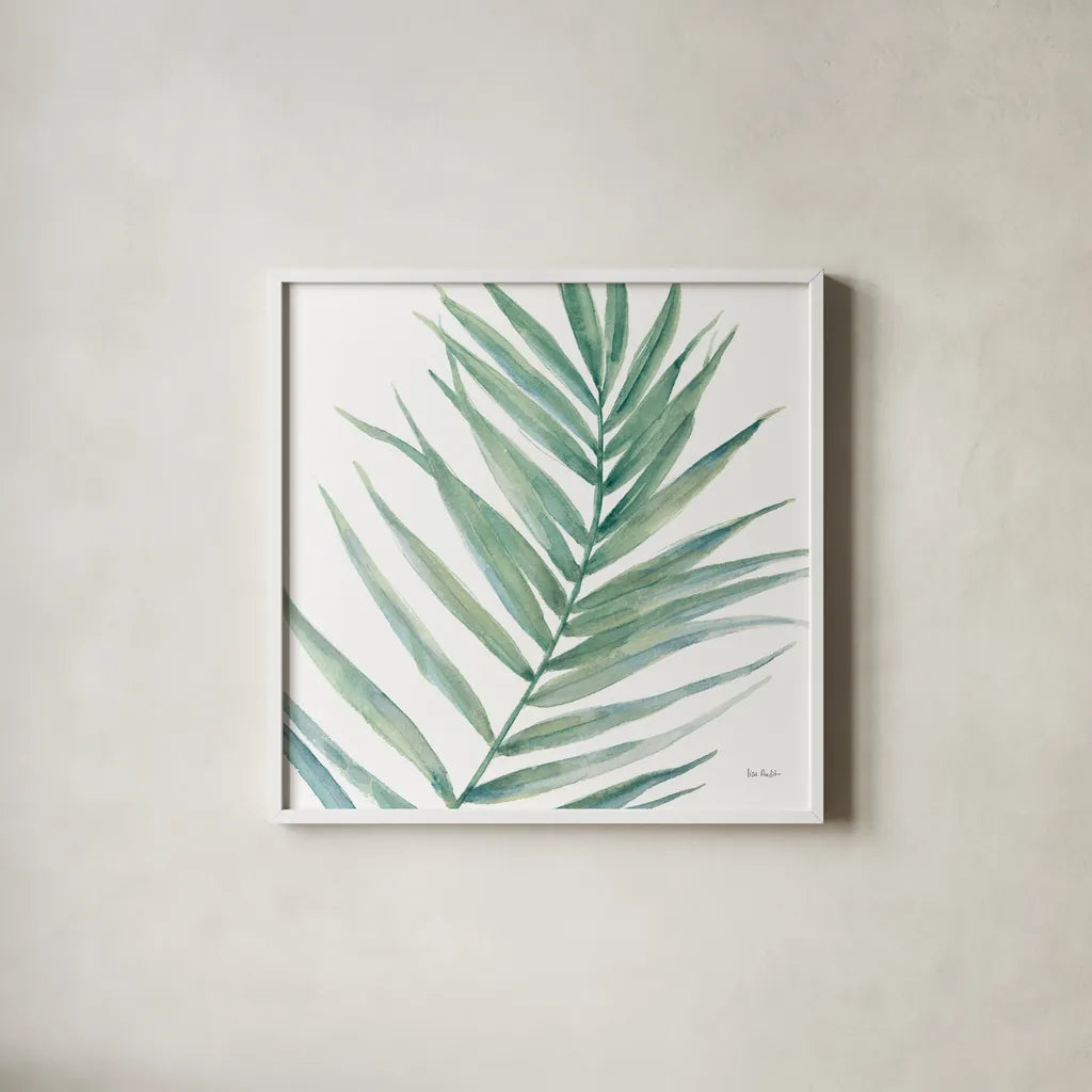 Tropical Blush IX BG by Lisa Audit. Shown in a crisp white glass frame for a clean and minimalist style. Available as an archival giclee rolled canvas, fine art paper, or poster print. SKU 56373a.