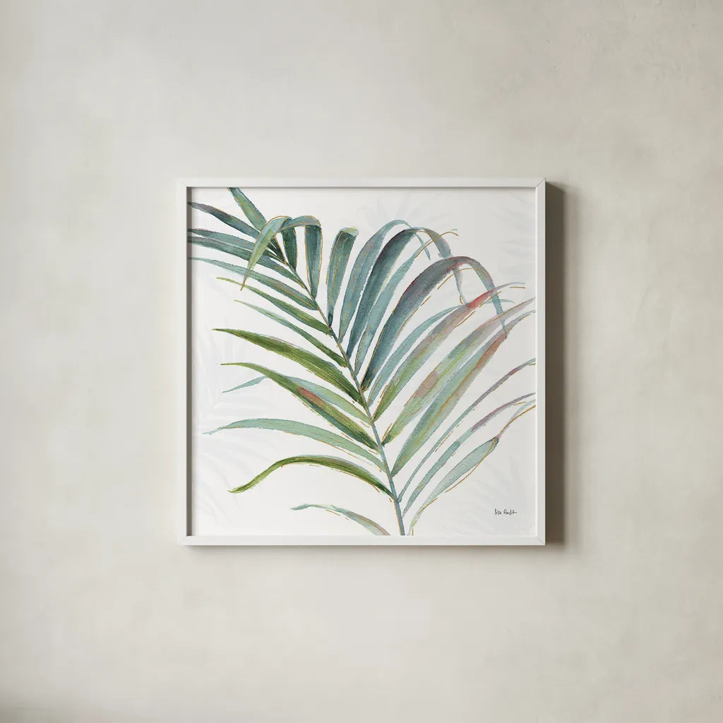 Tropical Blush V by Lisa Audit. Shown in a crisp white glass frame for a clean and minimalist style. Available as an archival giclee rolled canvas, fine art paper, or poster print. SKU 29010a.
