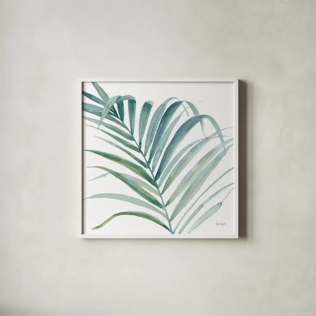 Tropical Blush V BG by Lisa Audit. Shown in a crisp white glass frame for a clean and minimalist style. Available as an archival giclee rolled canvas, fine art paper, or poster print. SKU 56372a.