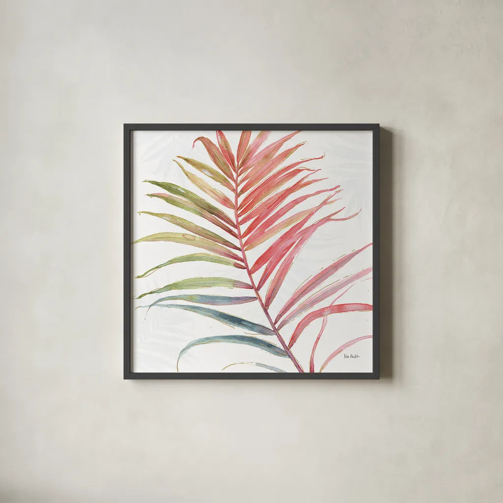 Tropical Blush VI by Lisa Audit. Shown in a sleek black glass frame for a contemporary gallery look. Available as an archival giclee rolled canvas, fine art paper, or poster print. SKU 29011a.