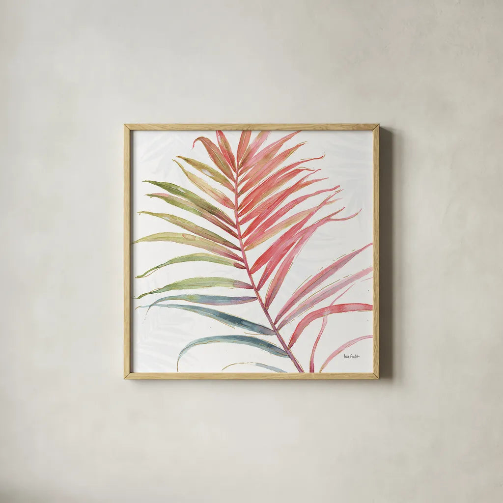 Tropical Blush VI by Lisa Audit. Shown in a natural wood glass frame for a timeless modern aesthetic. Available as an archival giclee rolled canvas, fine art paper, or poster print. SKU 29011a.