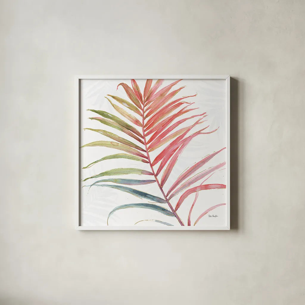 Tropical Blush VI by Lisa Audit. Shown in a crisp white glass frame for a clean and minimalist style. Available as an archival giclee rolled canvas, fine art paper, or poster print. SKU 29011a.