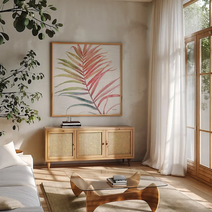 Tropical Blush VI by Lisa Audit. Shown in a natural wood frame in a cozy modern living room. Available as an archival giclee rolled canvas, fine art paper, or poster print. SKU 29011a.
