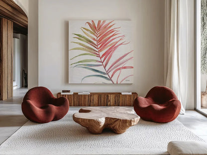 Tropical Blush VI by Lisa Audit. Shown as extra-large giant wall art in a modern living room. Available as an archival giclee rolled canvas, fine art paper, or poster print. SKU 29011a.