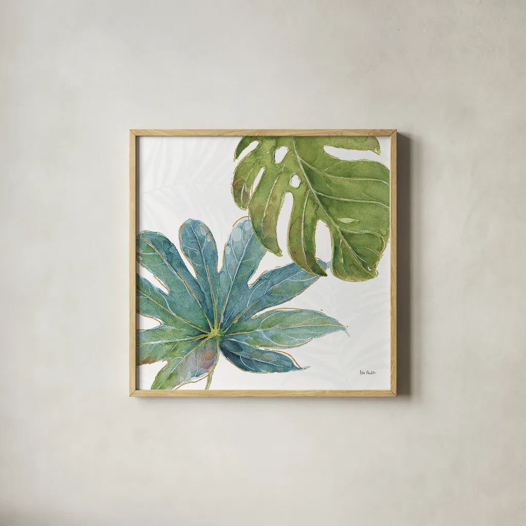 Tropical Blush VII by Lisa Audit. Shown in a natural wood glass frame for a timeless modern aesthetic. Available as an archival giclee rolled canvas, fine art paper, or poster print. SKU 29012a.