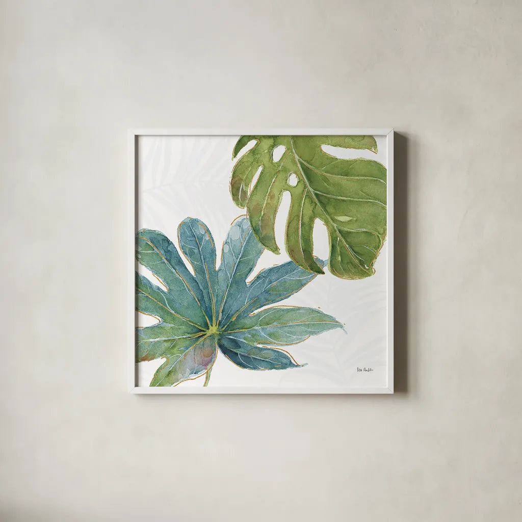 Tropical Blush VII by Lisa Audit. Shown in a crisp white glass frame for a clean and minimalist style. Available as an archival giclee rolled canvas, fine art paper, or poster print. SKU 29012a.