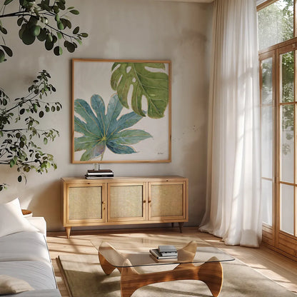 Tropical Blush VII by Lisa Audit. Shown in a natural wood frame in a cozy modern living room. Available as an archival giclee rolled canvas, fine art paper, or poster print. SKU 29012a.