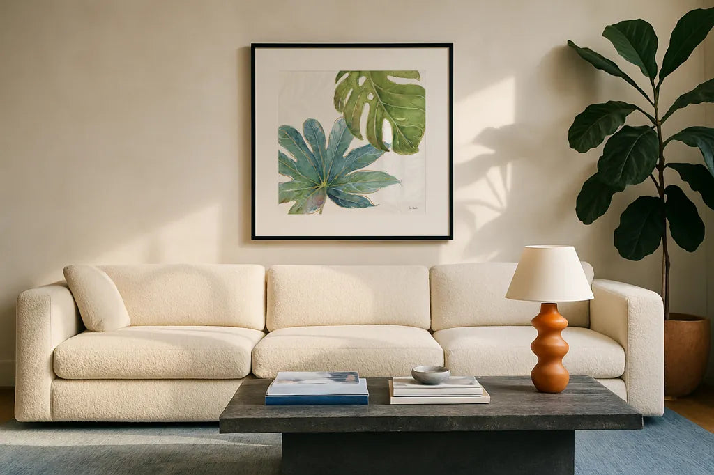 Tropical Blush VII by Lisa Audit. Displayed in a glass frame with matte in a clean modern living room. Available as an archival giclee rolled canvas, fine art paper, or poster print. SKU 29012a.