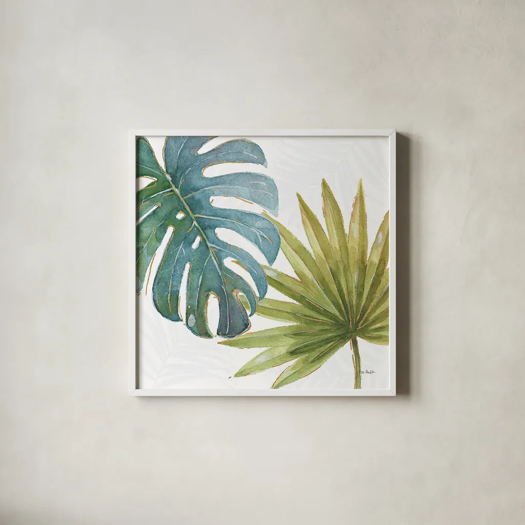 Tropical Blush VIII by Lisa Audit. Shown in a crisp white glass frame for a clean and minimalist style. Available as an archival giclee rolled canvas, fine art paper, or poster print. SKU 29013a.