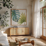 Tropical Blush VIII by Lisa Audit. Shown in a natural wood frame in a cozy modern living room. Available as an archival giclee rolled canvas, fine art paper, or poster print. SKU 29013a.