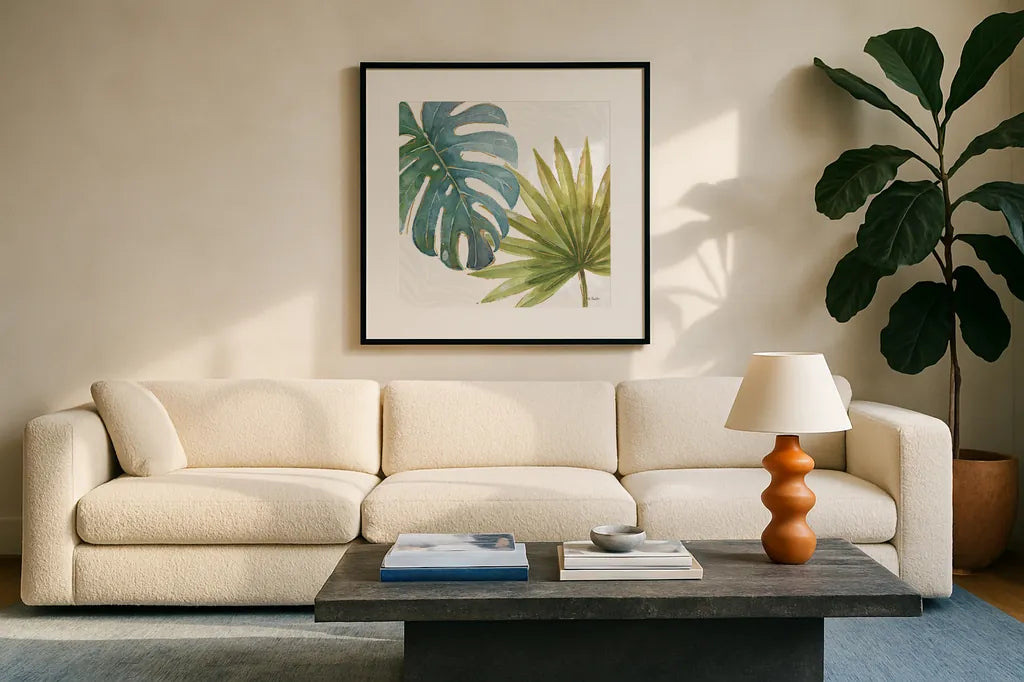 Tropical Blush VIII by Lisa Audit. Displayed in a glass frame with matte in a clean modern living room. Available as an archival giclee rolled canvas, fine art paper, or poster print. SKU 29013a.
