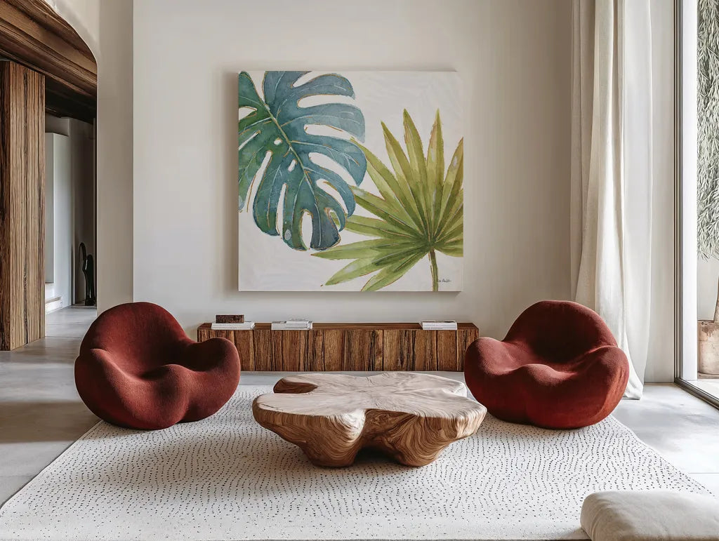 Tropical Blush VIII by Lisa Audit. Shown as extra-large giant wall art in a modern living room. Available as an archival giclee rolled canvas, fine art paper, or poster print. SKU 29013a.