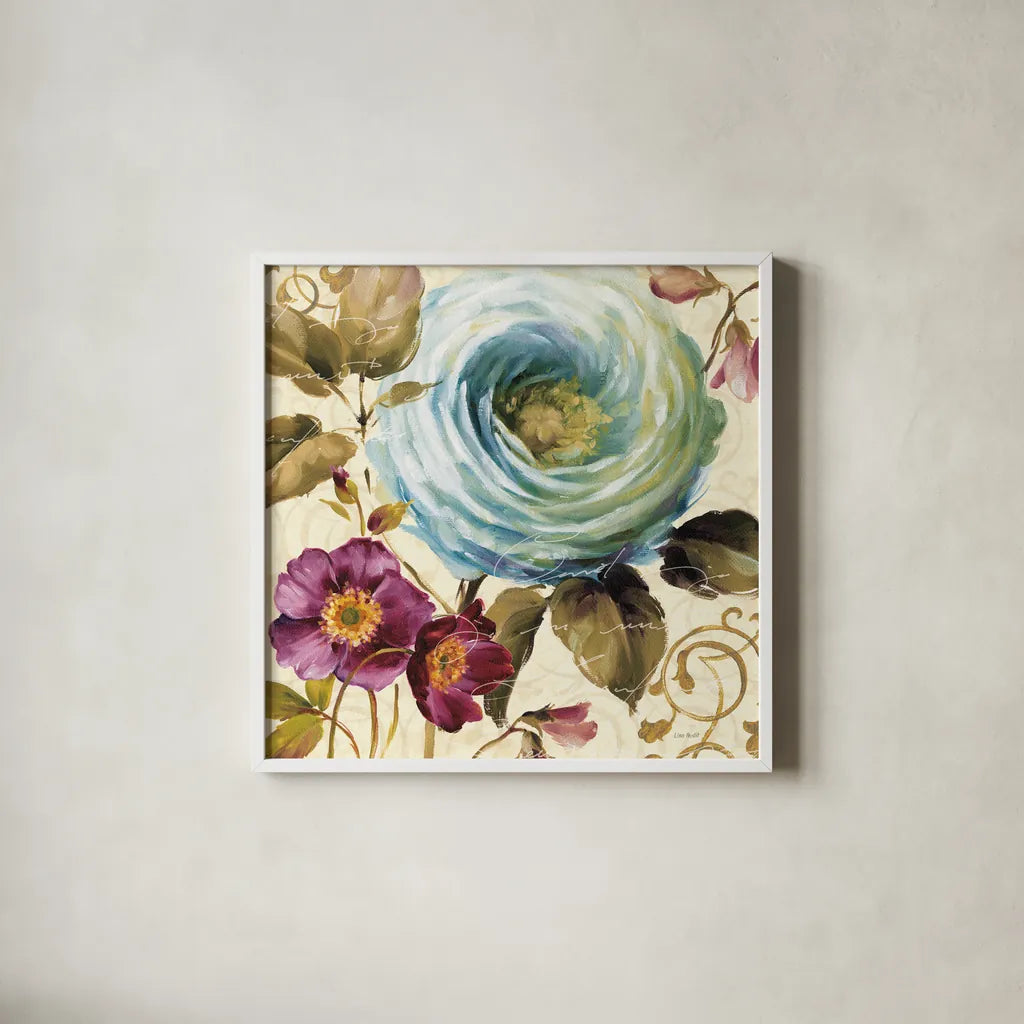 Victorias Dream I by Lisa Audit. Shown in a crisp white glass frame for a clean and minimalist style. Available as an archival giclee rolled canvas, fine art paper, or poster print. SKU 9412a.