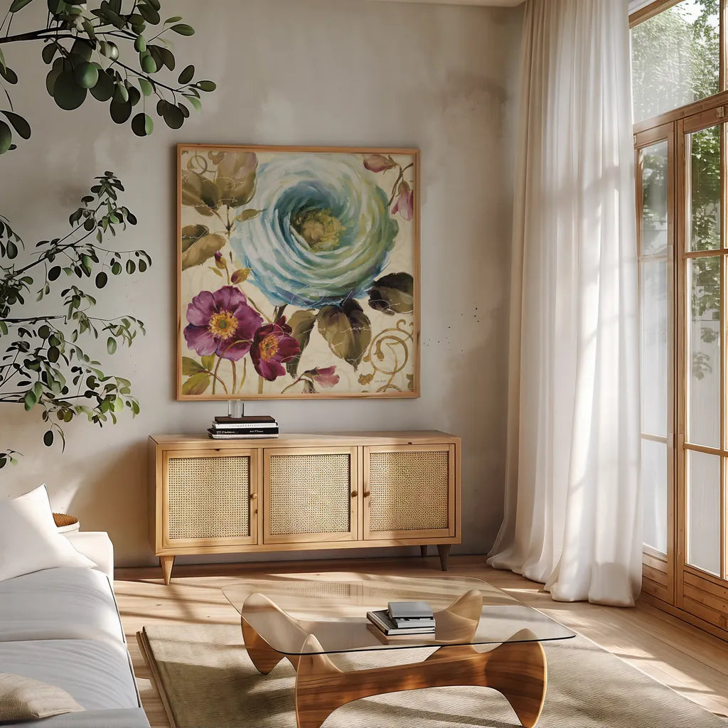 Victorias Dream I by Lisa Audit. Shown in a natural wood frame in a cozy modern living room. Available as an archival giclee rolled canvas, fine art paper, or poster print. SKU 9412a.