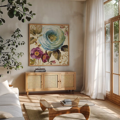 Victorias Dream I by Lisa Audit. Shown in a natural wood frame in a cozy modern living room. Available as an archival giclee rolled canvas, fine art paper, or poster print. SKU 9412a.