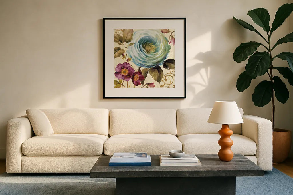 Victorias Dream I by Lisa Audit. Displayed in a glass frame with matte in a clean modern living room. Available as an archival giclee rolled canvas, fine art paper, or poster print. SKU 9412a.