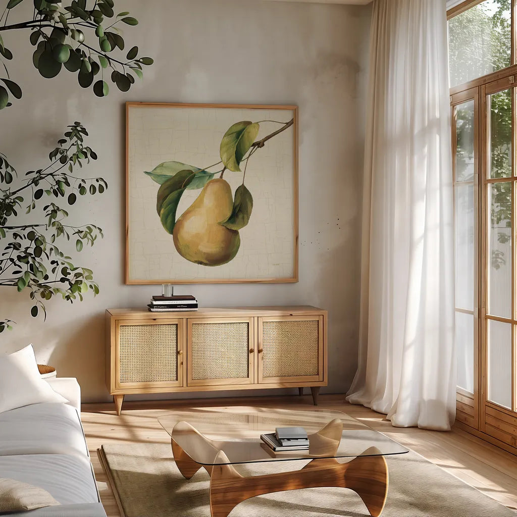 Vintage Fruit du Marche by Lisa Audit. Shown in a natural wood frame in a cozy modern living room. Available as an archival giclee rolled canvas, fine art paper, or poster print. SKU 75553a.