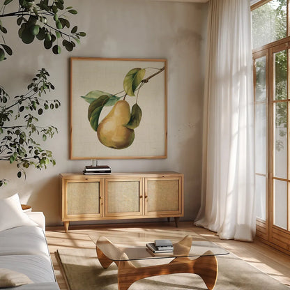 Vintage Fruit du Marche by Lisa Audit. Shown in a natural wood frame in a cozy modern living room. Available as an archival giclee rolled canvas, fine art paper, or poster print. SKU 75553a.