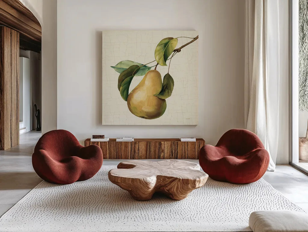 Vintage Fruit du Marche by Lisa Audit. Shown as extra-large giant wall art in a modern living room. Available as an archival giclee rolled canvas, fine art paper, or poster print. SKU 75553a.