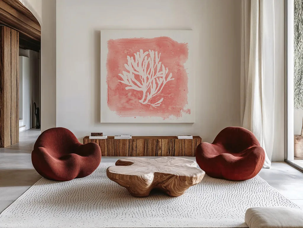 Water Coral Cove III by Lisa Audit. Shown as extra-large giant wall art in a modern living room. Available as an archival giclee rolled canvas, fine art paper, or poster print. SKU 55931a.