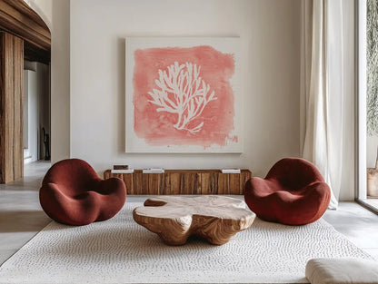 Water Coral Cove III by Lisa Audit. Shown as extra-large giant wall art in a modern living room. Available as an archival giclee rolled canvas, fine art paper, or poster print. SKU 55931a.