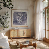 Water Coral Cove IV by Lisa Audit. Shown in a natural wood frame in a cozy modern living room. Available as an archival giclee rolled canvas, fine art paper, or poster print. SKU 55932a.