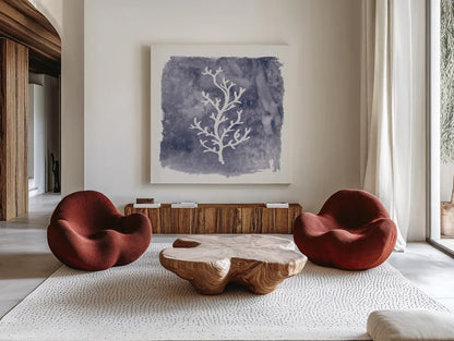 Water Coral Cove IV by Lisa Audit. Shown as extra-large giant wall art in a modern living room. Available as an archival giclee rolled canvas, fine art paper, or poster print. SKU 55932a.