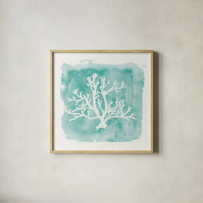 Water Coral Cove V by Lisa Audit. Shown in a natural wood glass frame for a timeless modern aesthetic. Available as an archival giclee rolled canvas, fine art paper, or poster print. SKU 55933a.