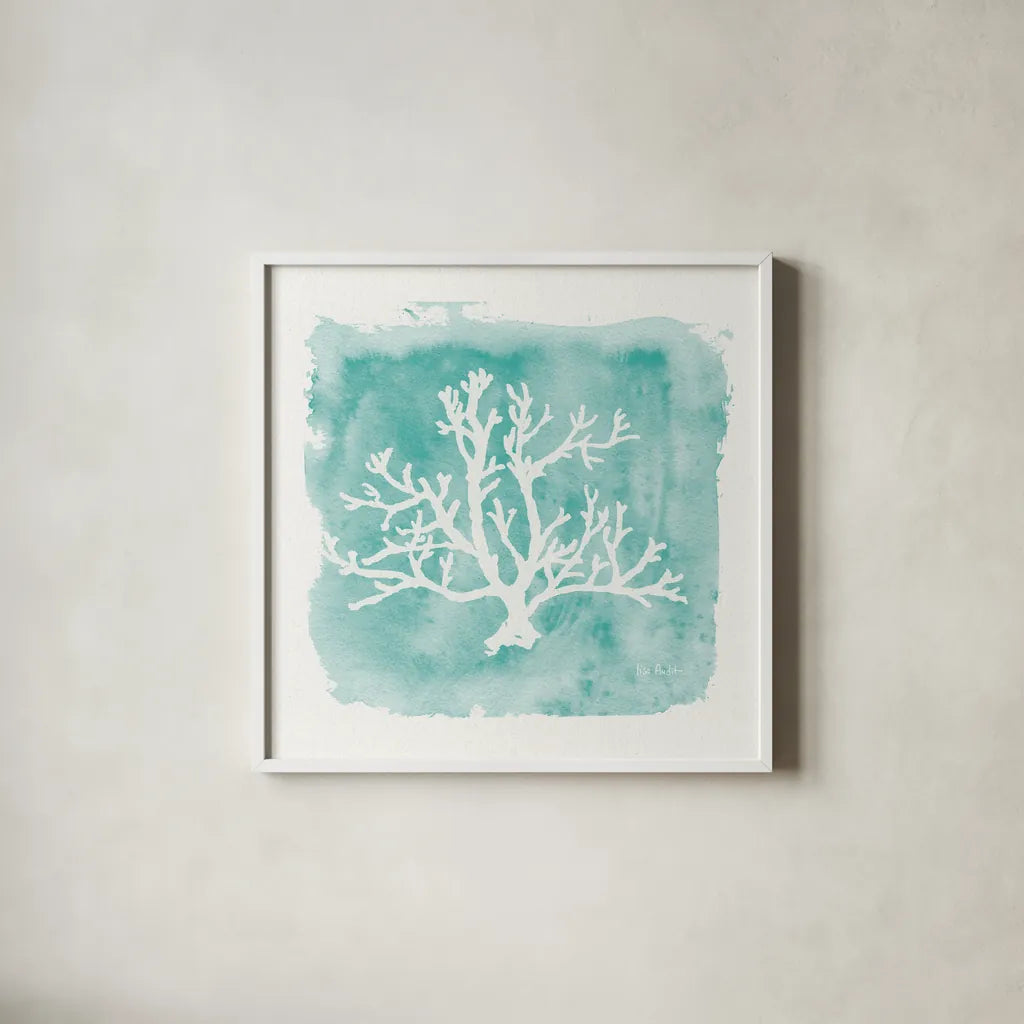Water Coral Cove V by Lisa Audit. Shown in a crisp white glass frame for a clean and minimalist style. Available as an archival giclee rolled canvas, fine art paper, or poster print. SKU 55933a.