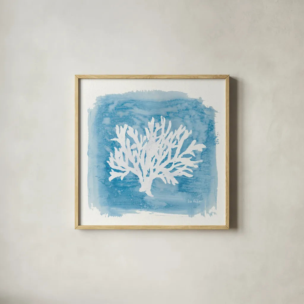 Water Coral Cove VI by Lisa Audit. Shown in a natural wood glass frame for a timeless modern aesthetic. Available as an archival giclee rolled canvas, fine art paper, or poster print. SKU 55934a.
