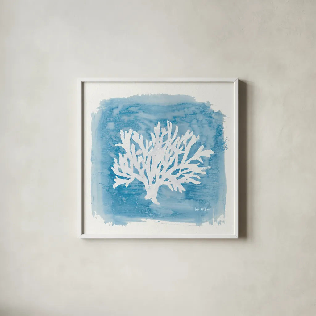 Water Coral Cove VI by Lisa Audit. Shown in a crisp white glass frame for a clean and minimalist style. Available as an archival giclee rolled canvas, fine art paper, or poster print. SKU 55934a.