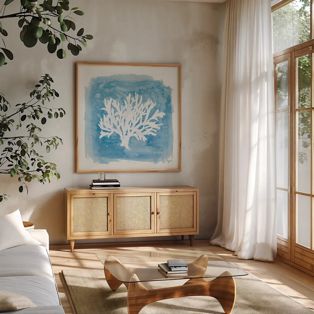 Water Coral Cove VI by Lisa Audit. Shown in a natural wood frame in a cozy modern living room. Available as an archival giclee rolled canvas, fine art paper, or poster print. SKU 55934a.